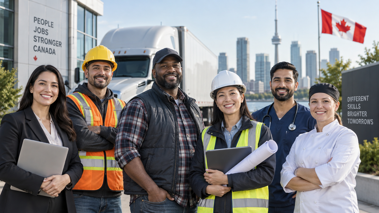 Jobs in Canada with workers from diverse professions including office, construction, trucking, engineering, healthcare and hospitality